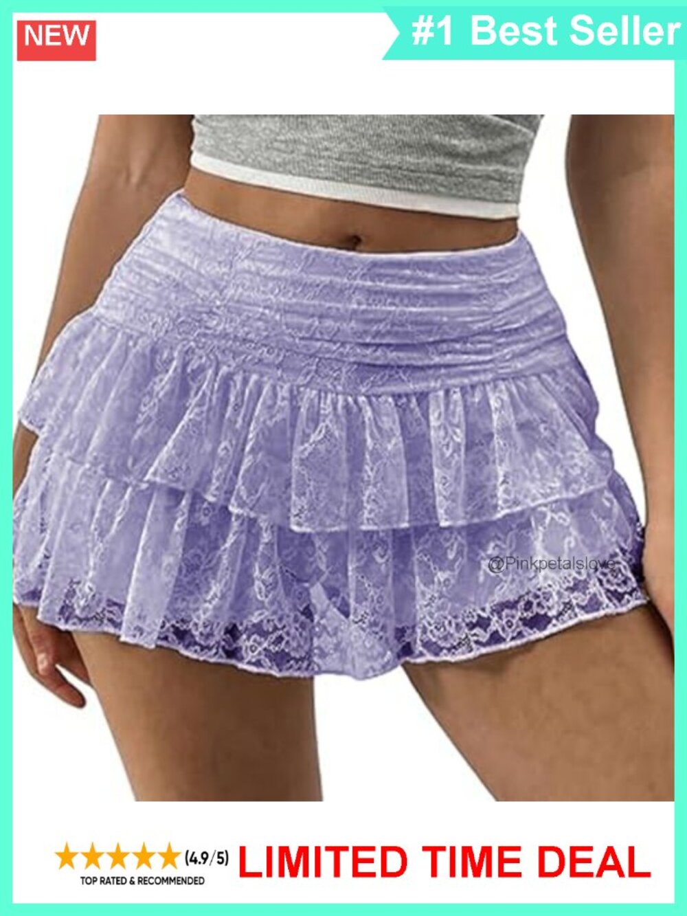 Cotton Blend Ruffle Lace Pleated Layered Mini Skirt with Lined Shorts